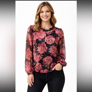 Kim & Cami Pink Floral Mesh Blouse Lined size L.